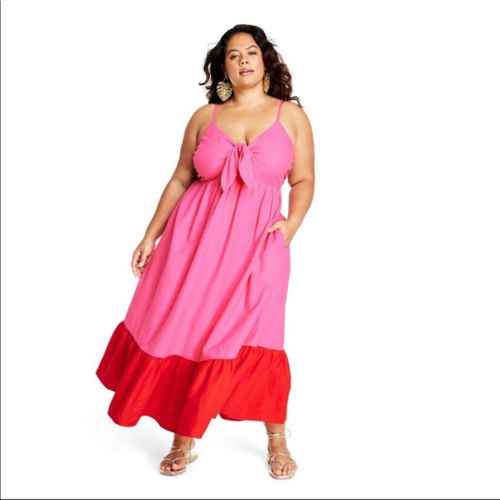 Tabitha Brown Target Collection Pink and Red Front Tie Maxi Dress